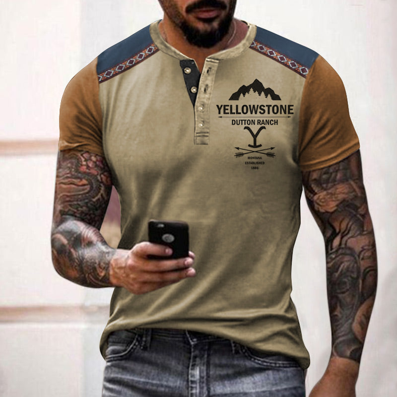 Men's Henley T-Shirt Yellowstone Ethnic Color Block Short Sleeve Summer Top