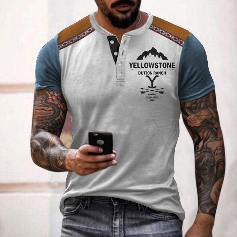 Men's Henley T-Shirt Yellowstone Ethnic Color Block Short Sleeve Summer Top