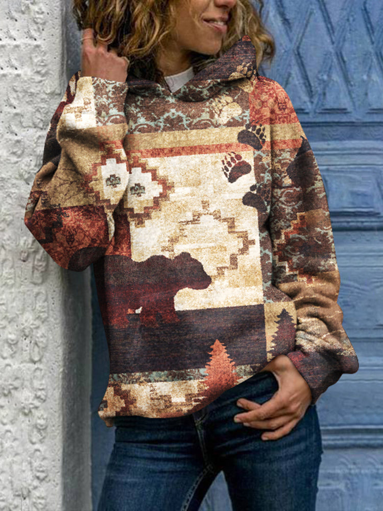 Vintage Ethnic Print Casual Long Sleeve Hoodie