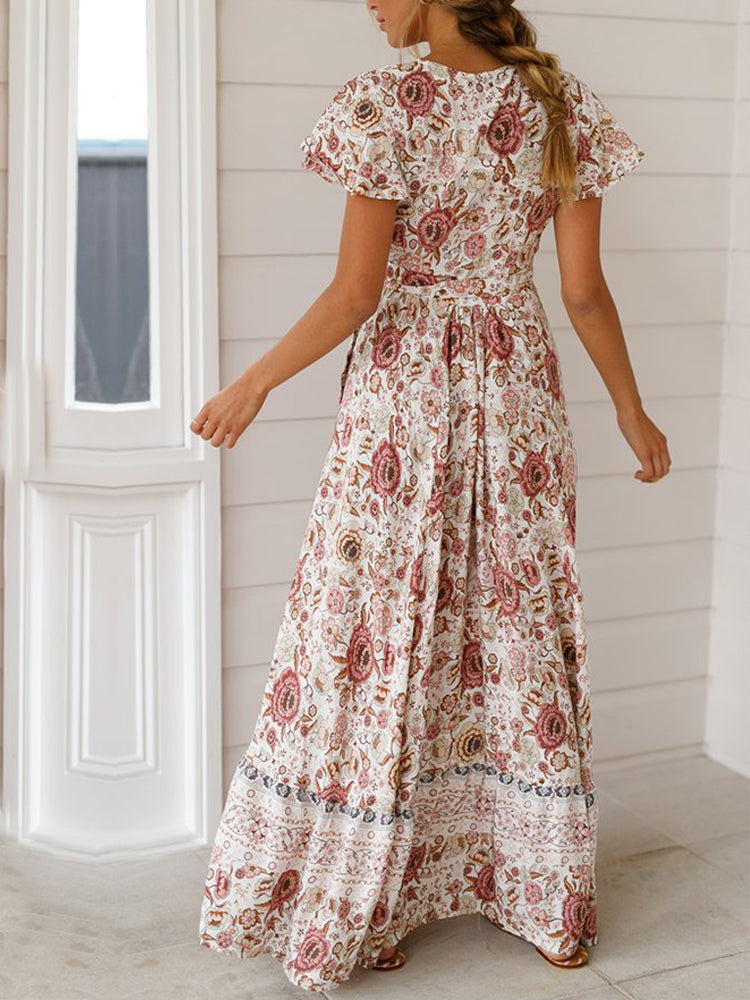 Wisherryy Floral Print V-Neck Wrap Maxi Dress