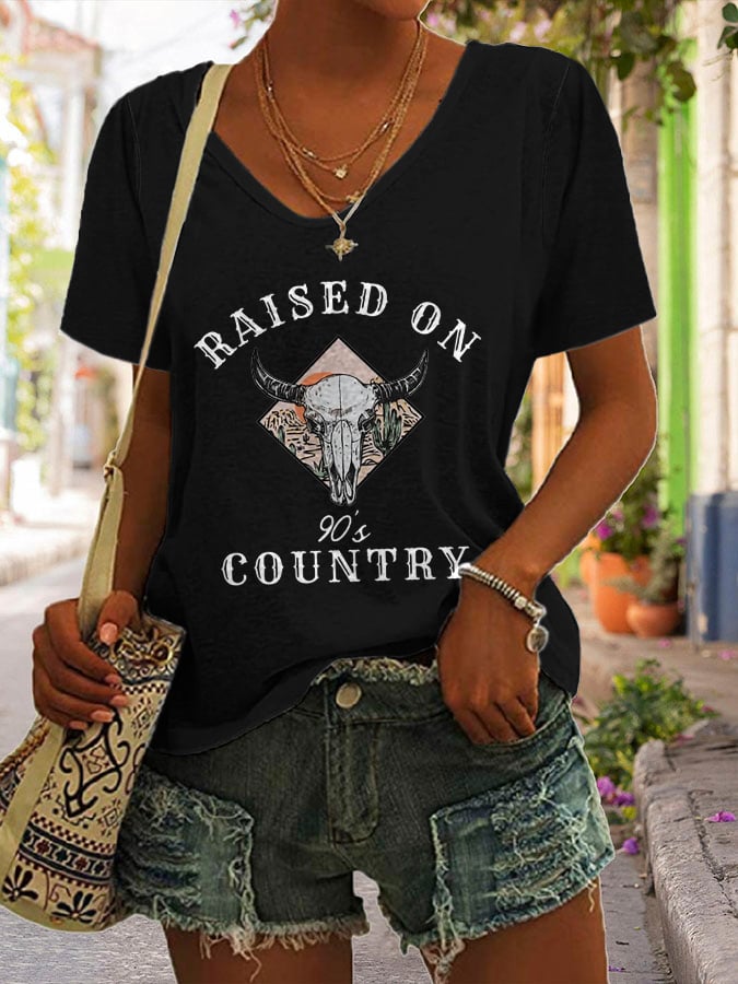 Women's Raised On 90's Country Print V-Neck Casual T-Shirt