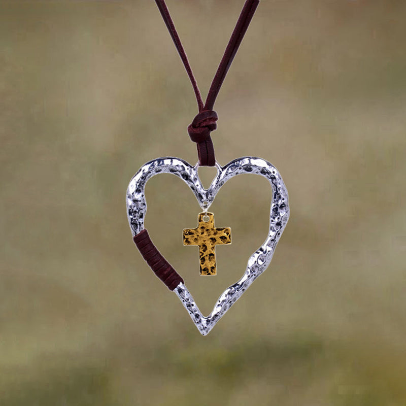 Cutout Heart Cross Leather Rope Necklace