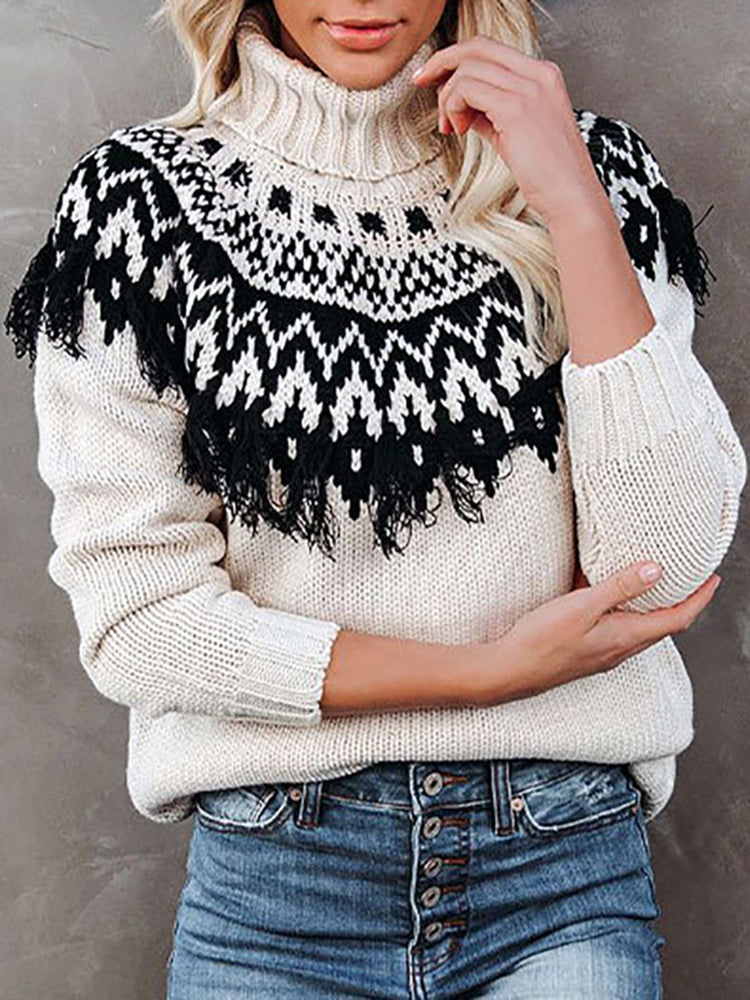 Vintage Fringed Turtleneck Pullover Loose Sweater