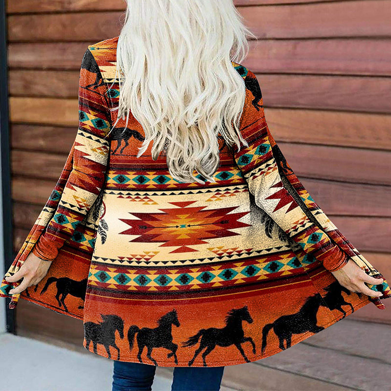 Ethnic Horse Print Long Sleeve Cardigan