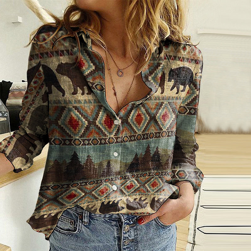 Vintage Western Print Lapel Long Sleeve Shirt