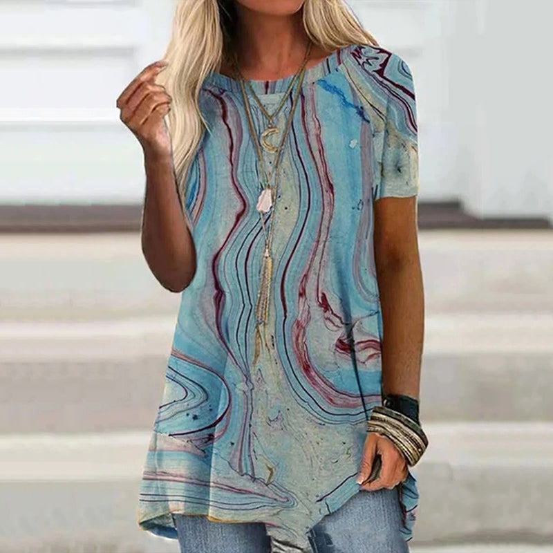 Wisherryy Loose Print Crew Neck Short Sleeve Tunic Top