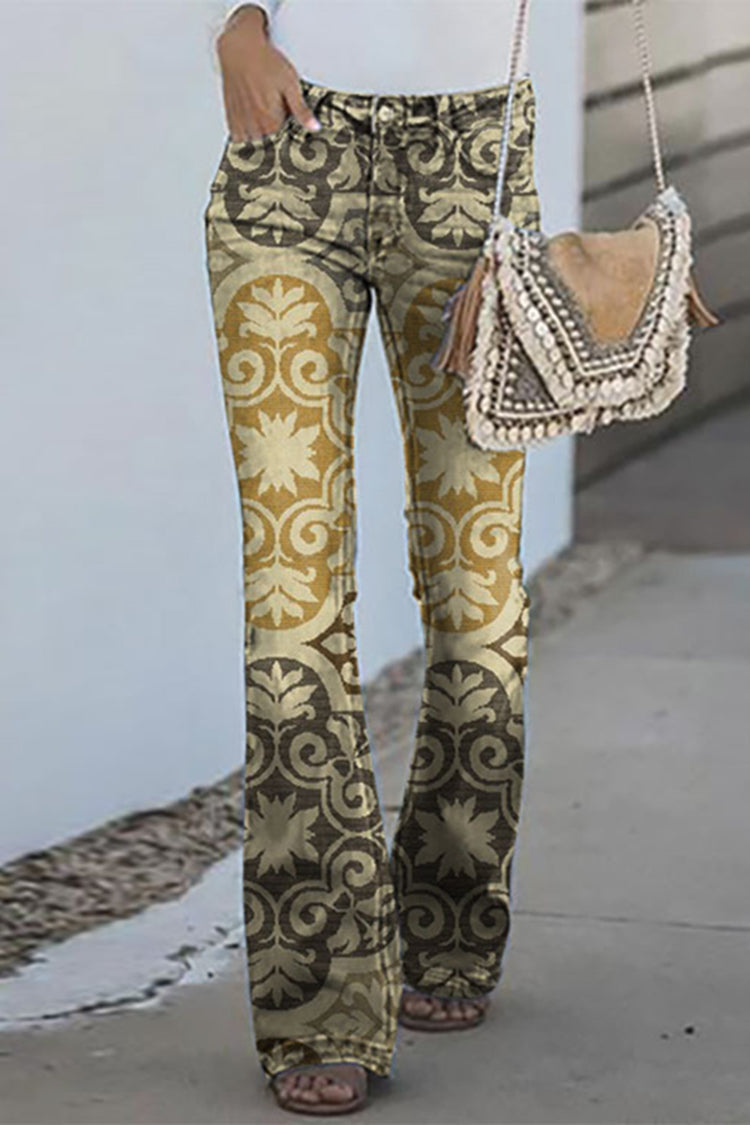 Vintage Western Ethnic Print Faux Denim Pants