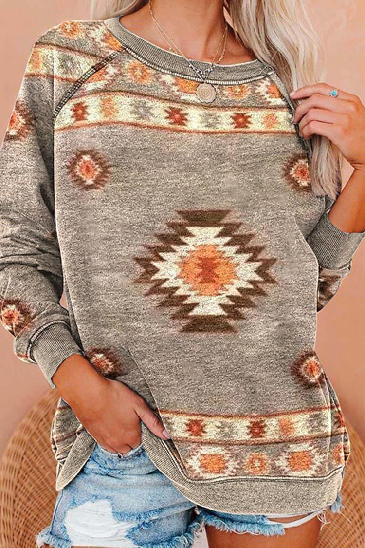 Western Print Casual Crew Neck Long Sleeve Sweatshirt