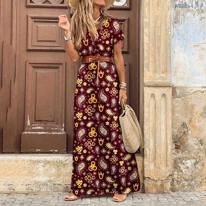 Wisherryy Short Sleeve V-Neck Print Maxi Dress