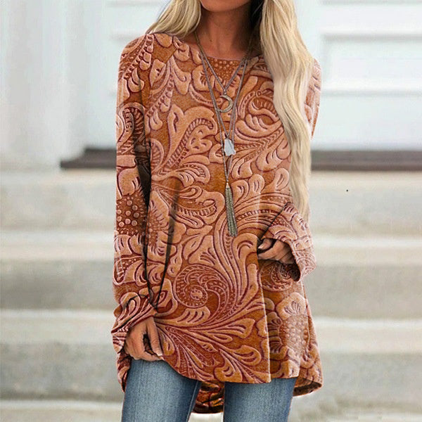 Vintage Print Crew Neck Long Sleeve Tunic