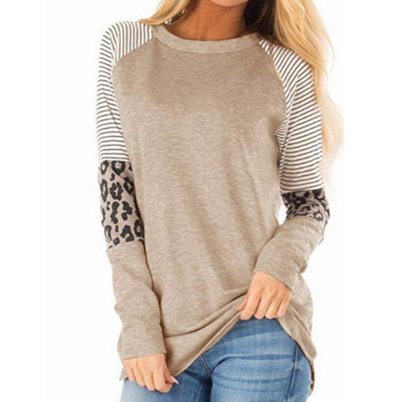 Casual Crew Neck Leopard Print Panled Tunic