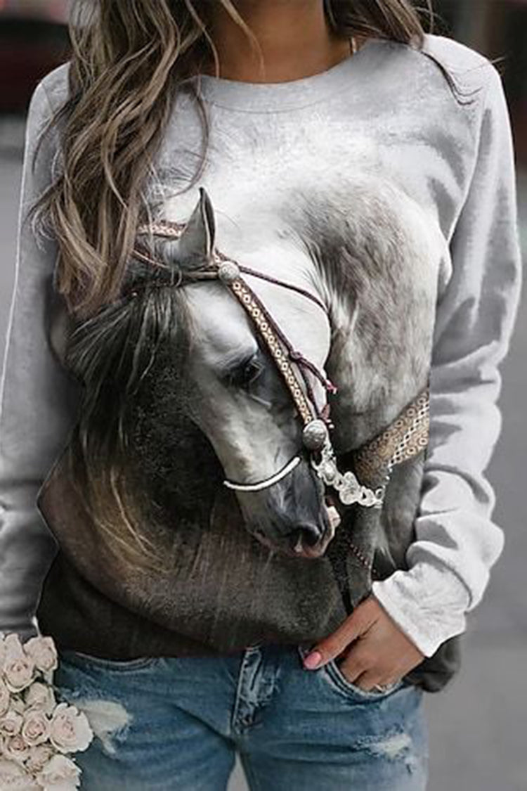 Western Horse Print Long Sleeve Sweatshirt