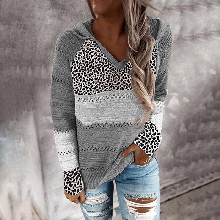 Wisherryy Fashion Hooded Leopard Stitched Knit Sweater