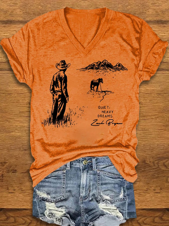 Women's country western Print V-Neck T-Shirt