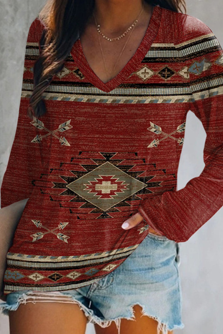 Western Print V-Neck Long Sleeve T-Shirt