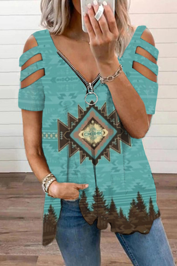 Western Print Off Shoulder Casual T-Shirt