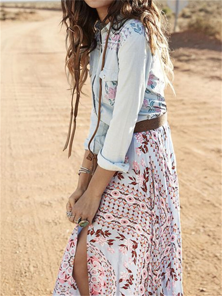 Boho Floral Flap Pocket Maxi Shirt Dress