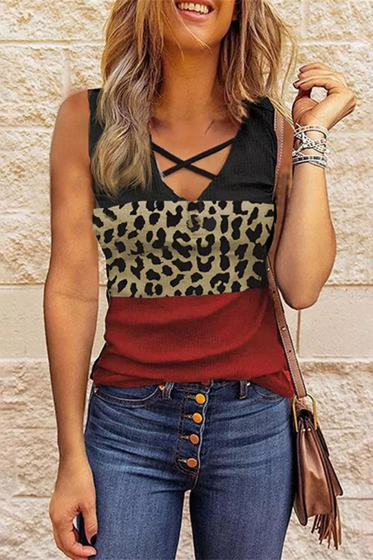 Leopard Panel V-Neck Sleeveless Tank Top