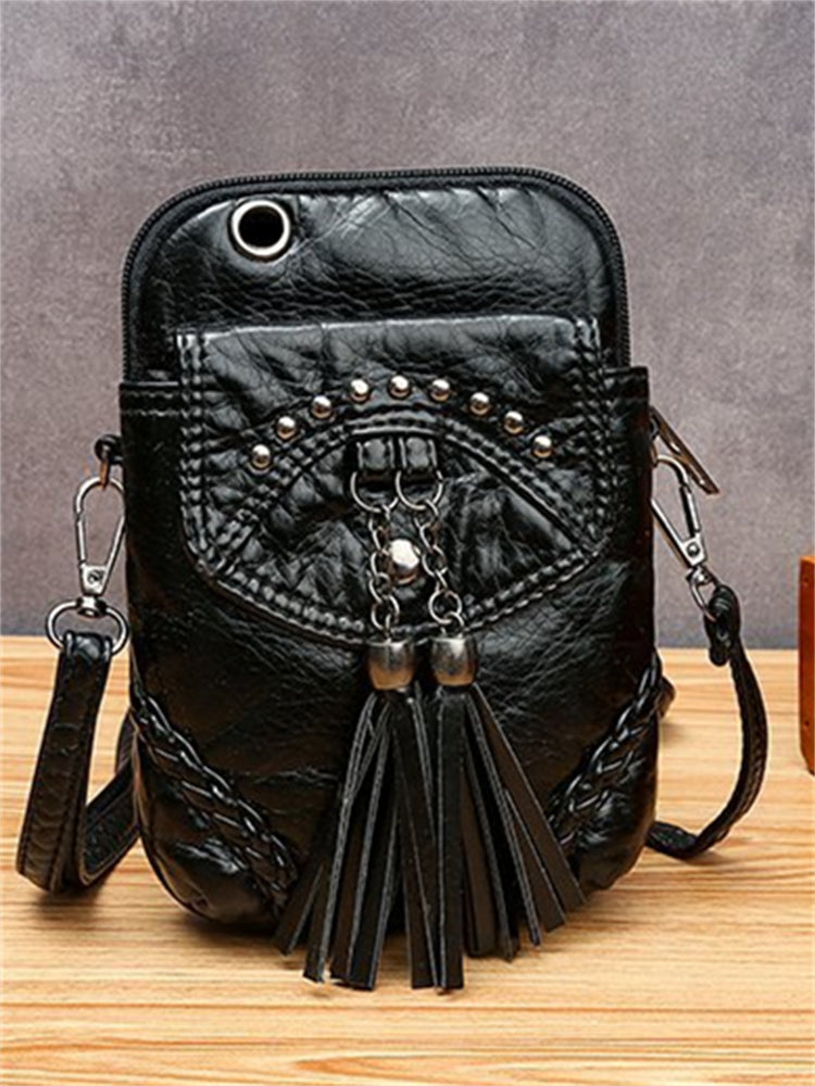 Tassels Studded Flap Mini Crossbody Bag