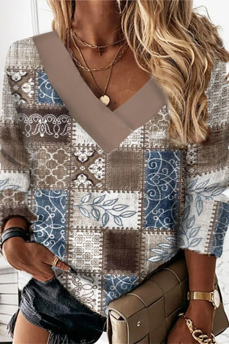 Vintage Geometric Print V-Neck Long Sleeve Sweatshirt