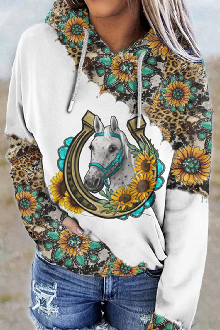 Western Sunflower Print Long Sleeve Casual Hoodie