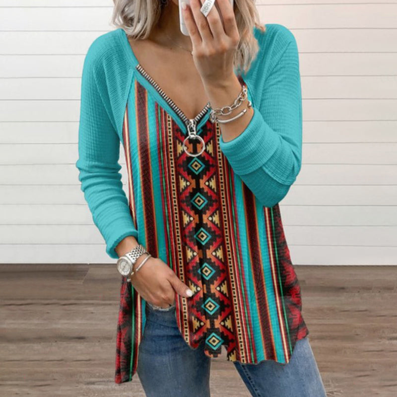 Western Print Zip Long Sleeve T-Shirt