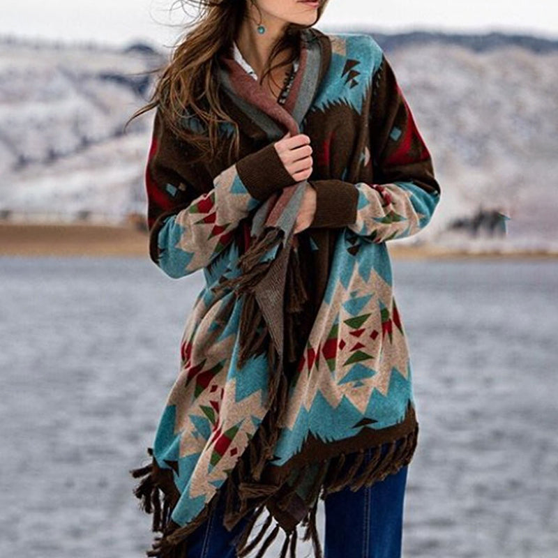 Ethnic Print Fringed Casual Cardigan