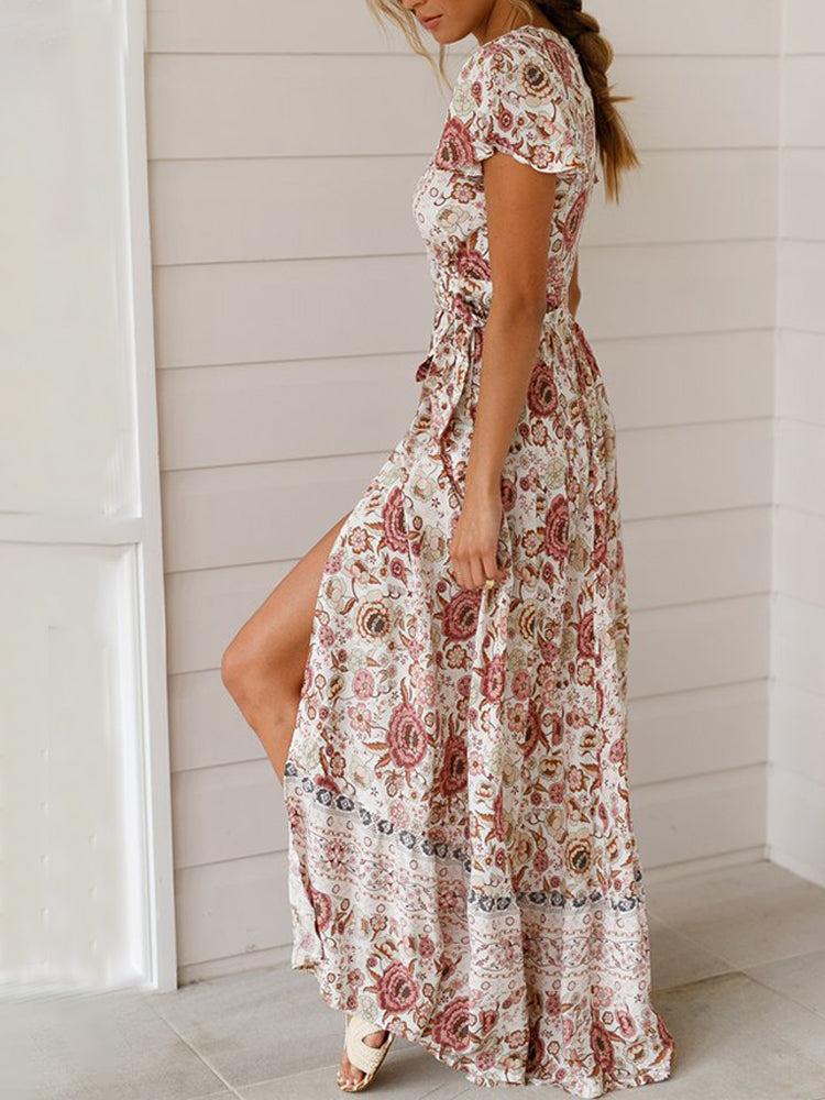 Wisherryy Floral Print V-Neck Wrap Maxi Dress