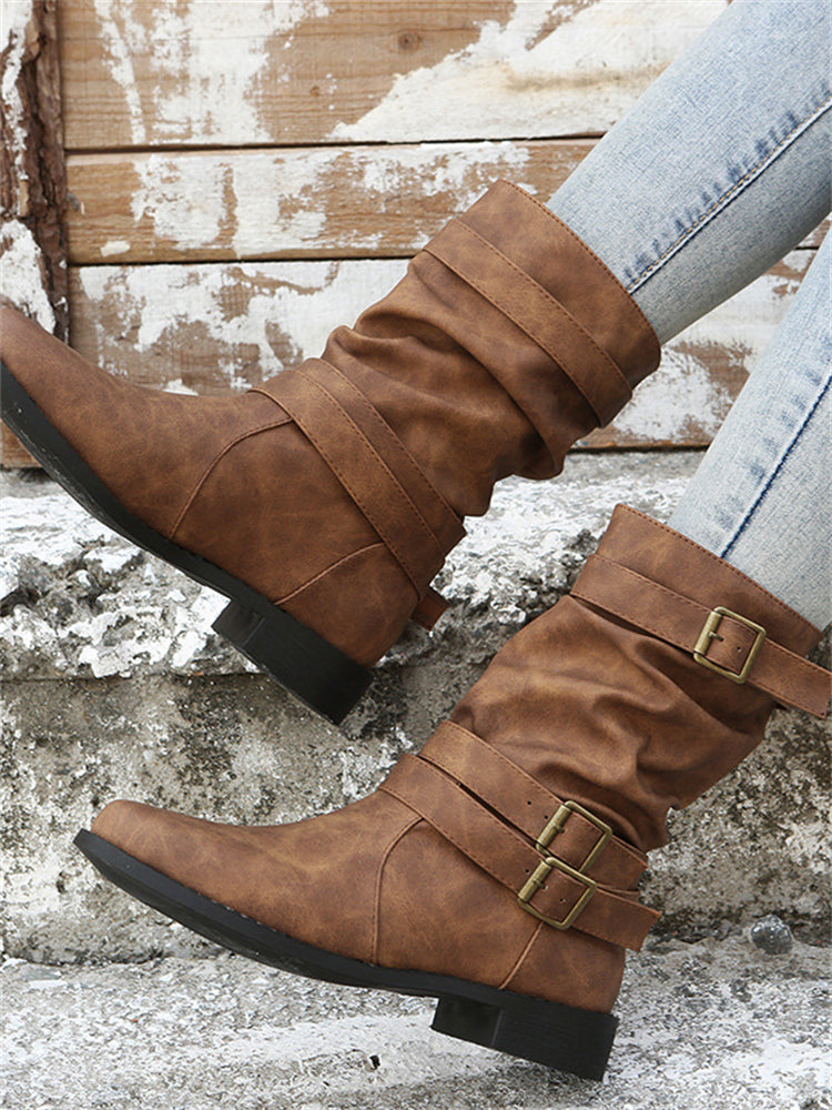 Vintage Buckles Stacked Calf Boots