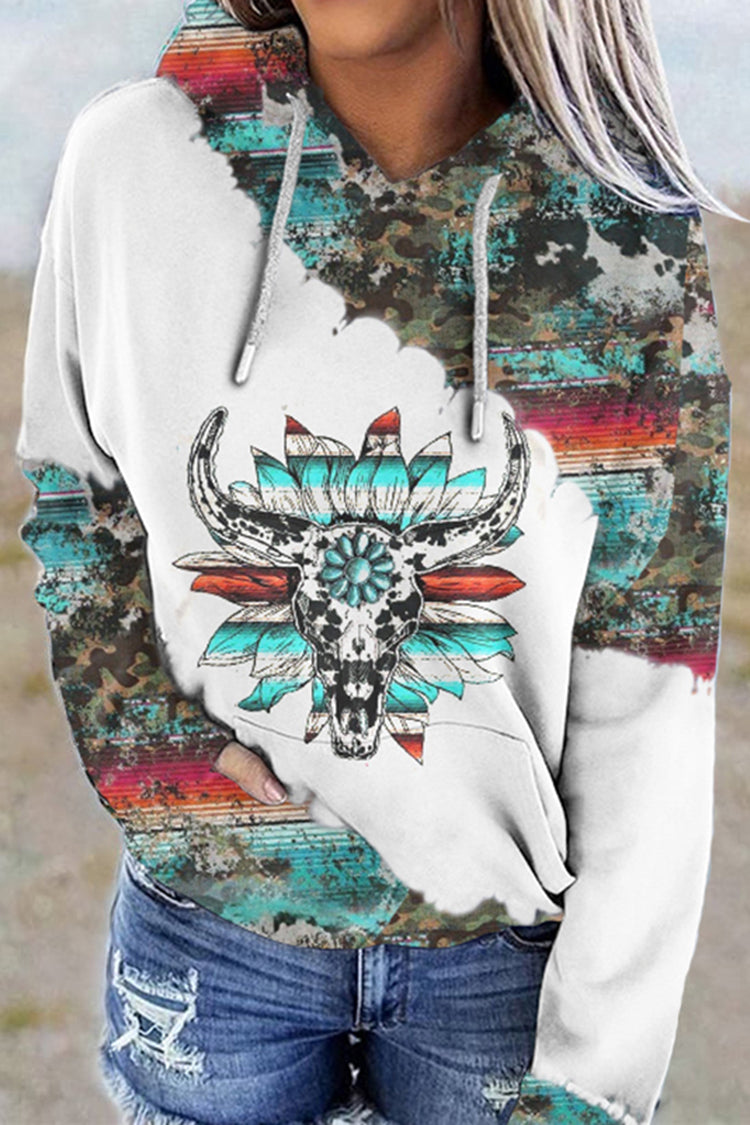 Western Print Long Sleeve Casual Hoodie