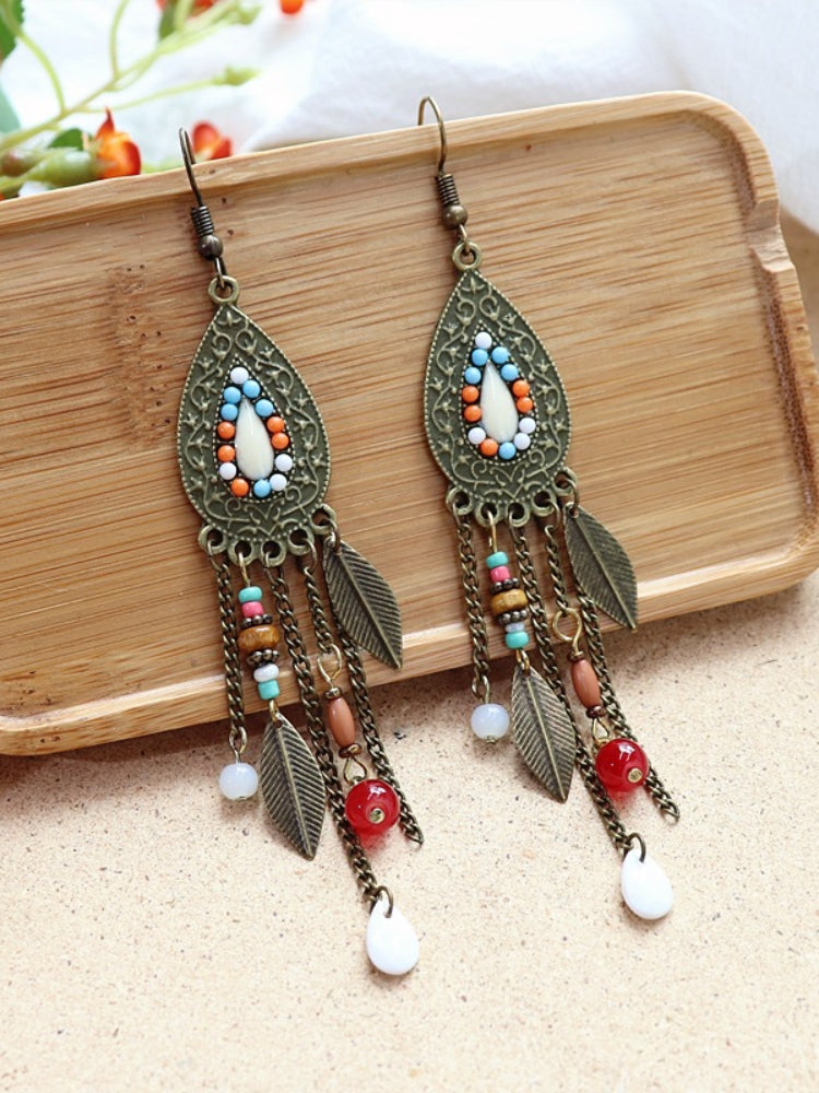 Retro Leaf Bead Tassel Water Drop Shaped Earrings