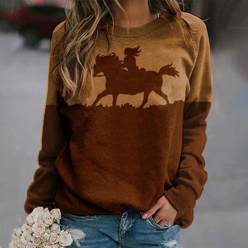 Western Print Crew Neck Long Sleeve Sweatshirt