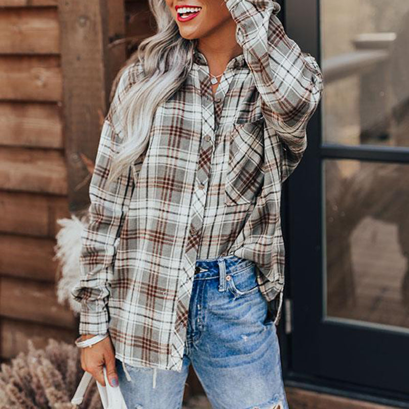 Vintage Plaid Lapel Long Sleeve Shirt