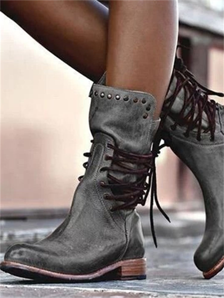 Wisherryy Vintage Washed Studded Laced Boots