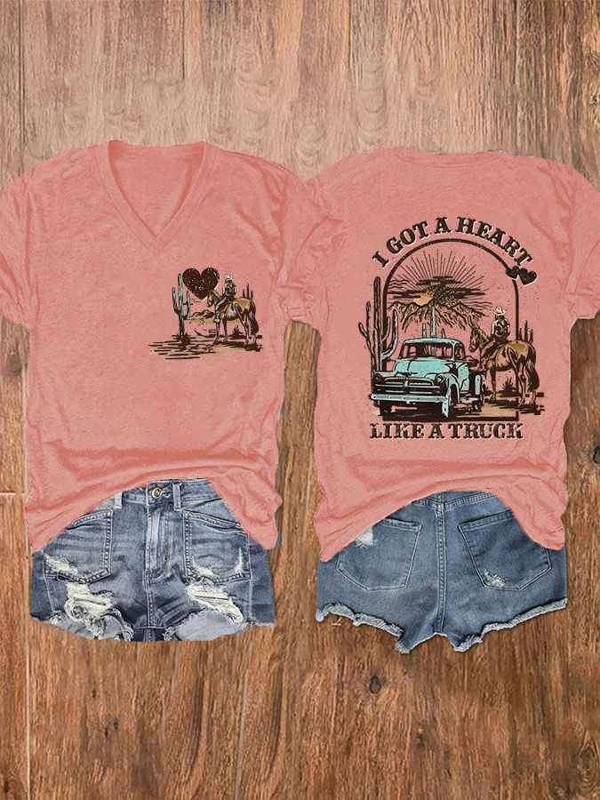 Women's I Got A Heart Like A Truck Western Print V-Neck T-Shirt