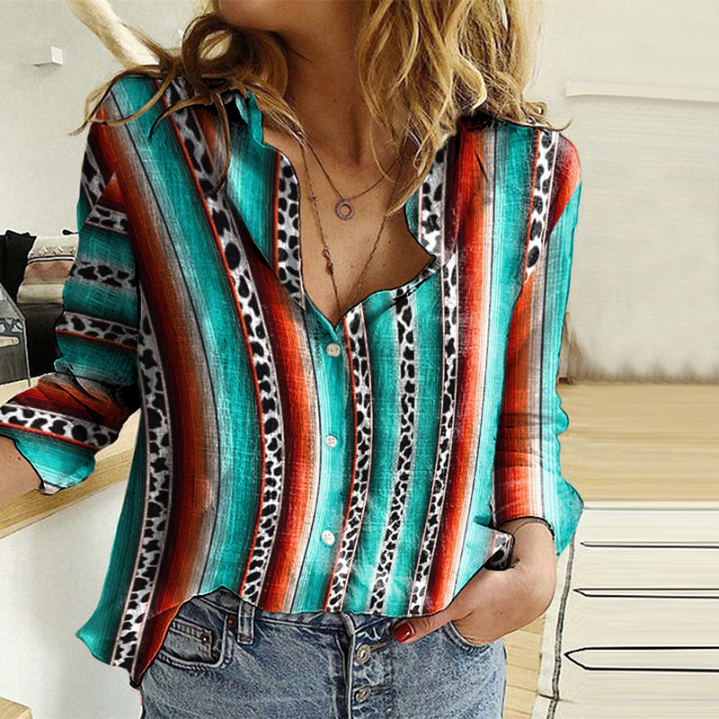 Vintage Western Stripe Print Long Sleeve Shirt