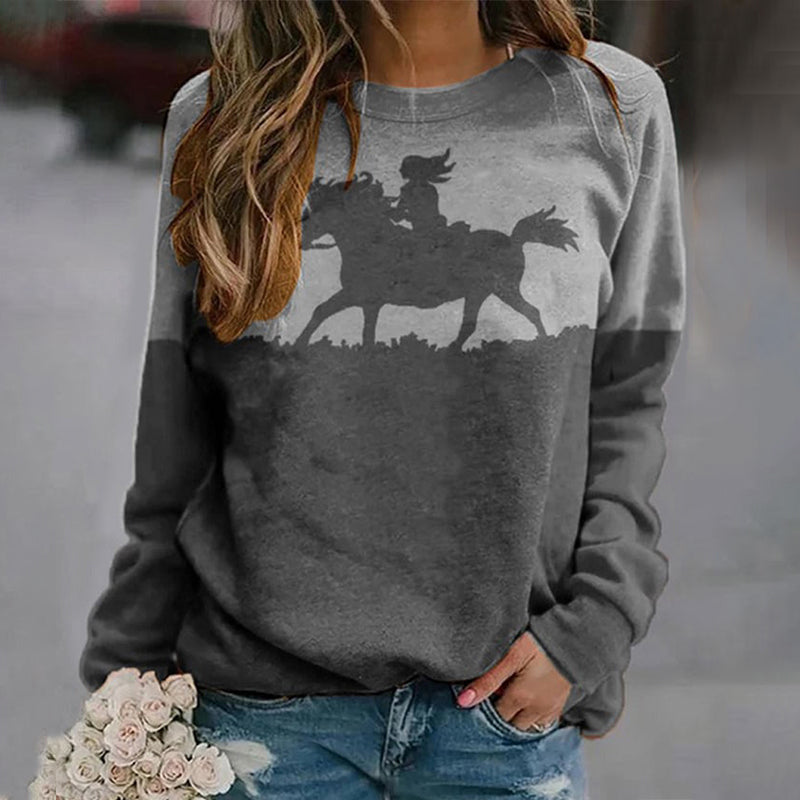 Western Print Crew Neck Long Sleeve Sweatshirt