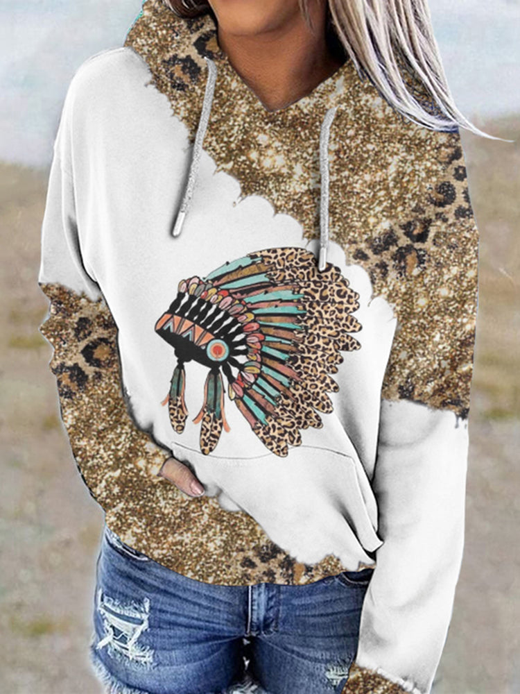 Western Vintage Leopard Print Long Sleeve Casual Hoodie