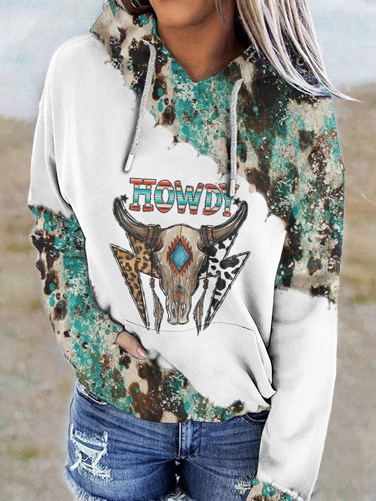 Western Vintage Print Long Sleeve Casual Hoodie