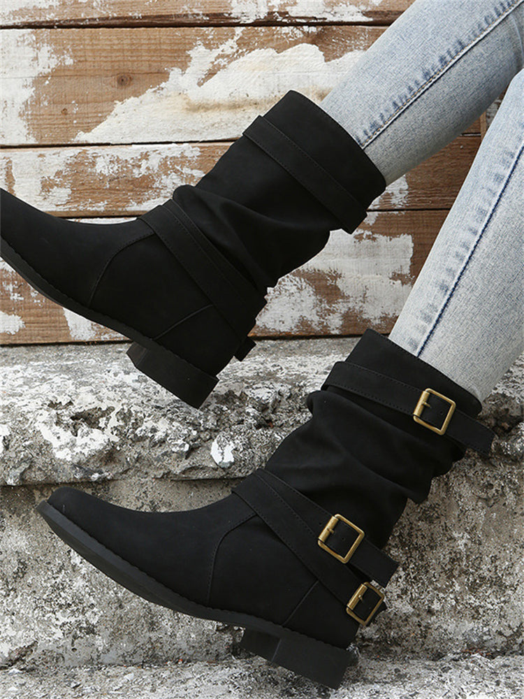 Vintage Buckles Stacked Calf Boots