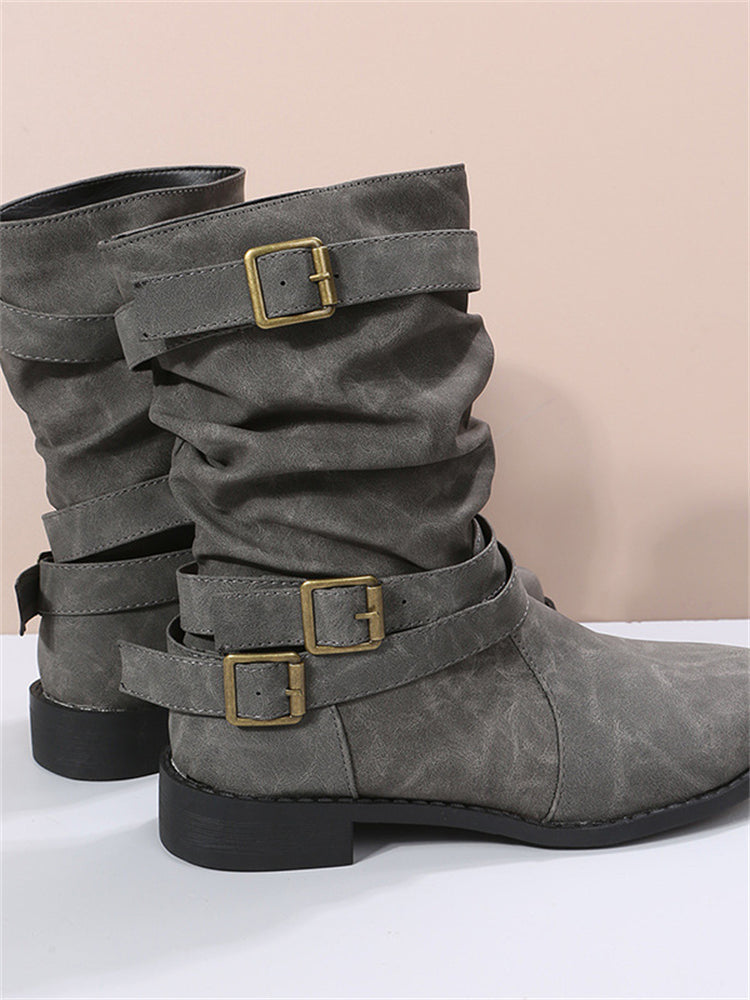 Vintage Buckles Stacked Calf Boots