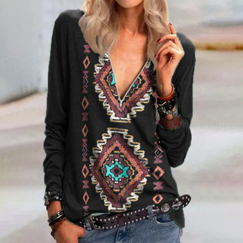 Wisherryy V-Neck Geometric Print Zipper Long-Sleeved T-Shirt