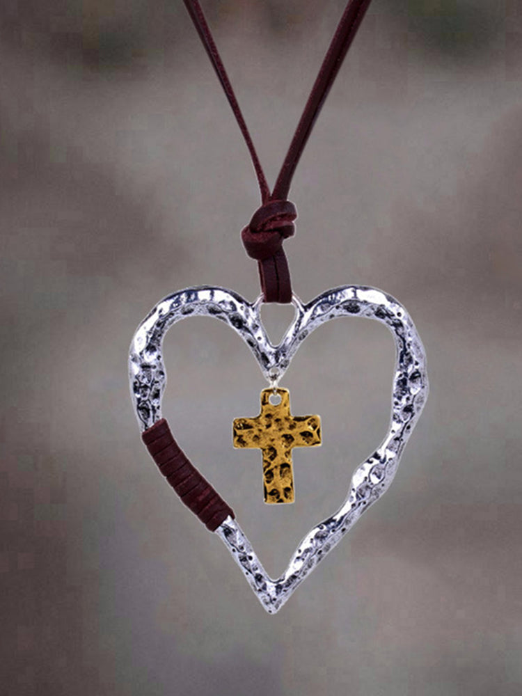 Cutout Heart Cross Leather Rope Necklace