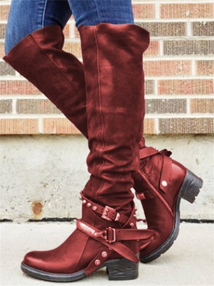 Vintage Studded Buckles Knee High Boots