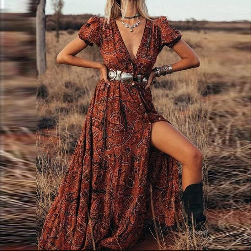 Wisherryy Printed V-Neck Short Sleeve Bohemian Resort Maxi Dress