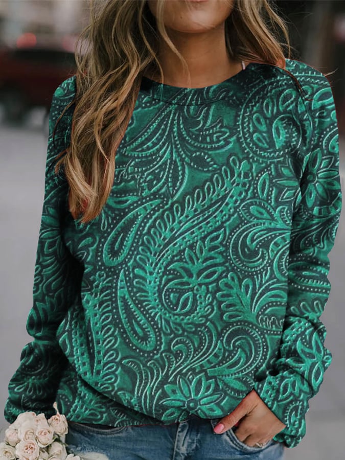 Women's Casual Cashew Flower Printed Round Neck Sweater