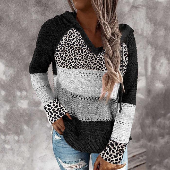 Wisherryy Fashion Hooded Leopard Stitched Knit Sweater