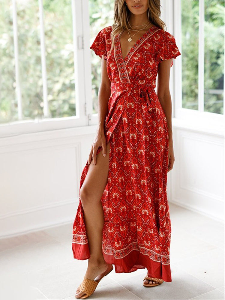 Wisherryy Floral Print V-Neck Wrap Maxi Dress