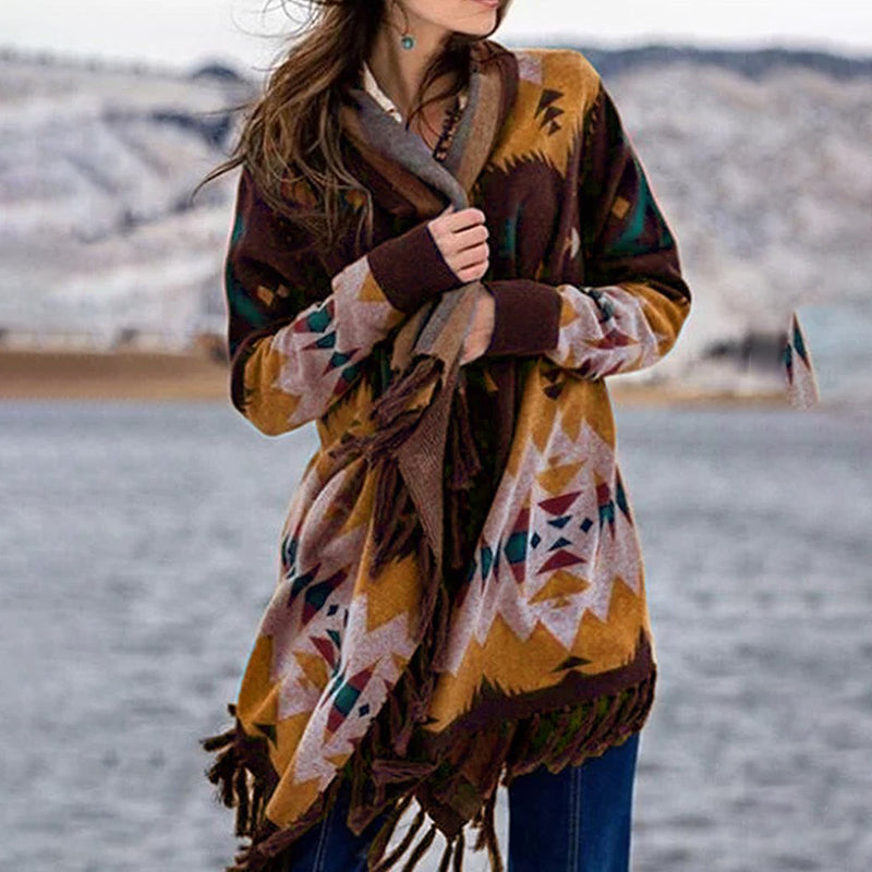 Ethnic Print Fringed Casual Cardigan