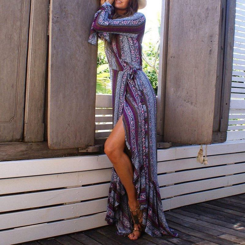 Wisherryy Boho Print Lace-Up Maxi Dress